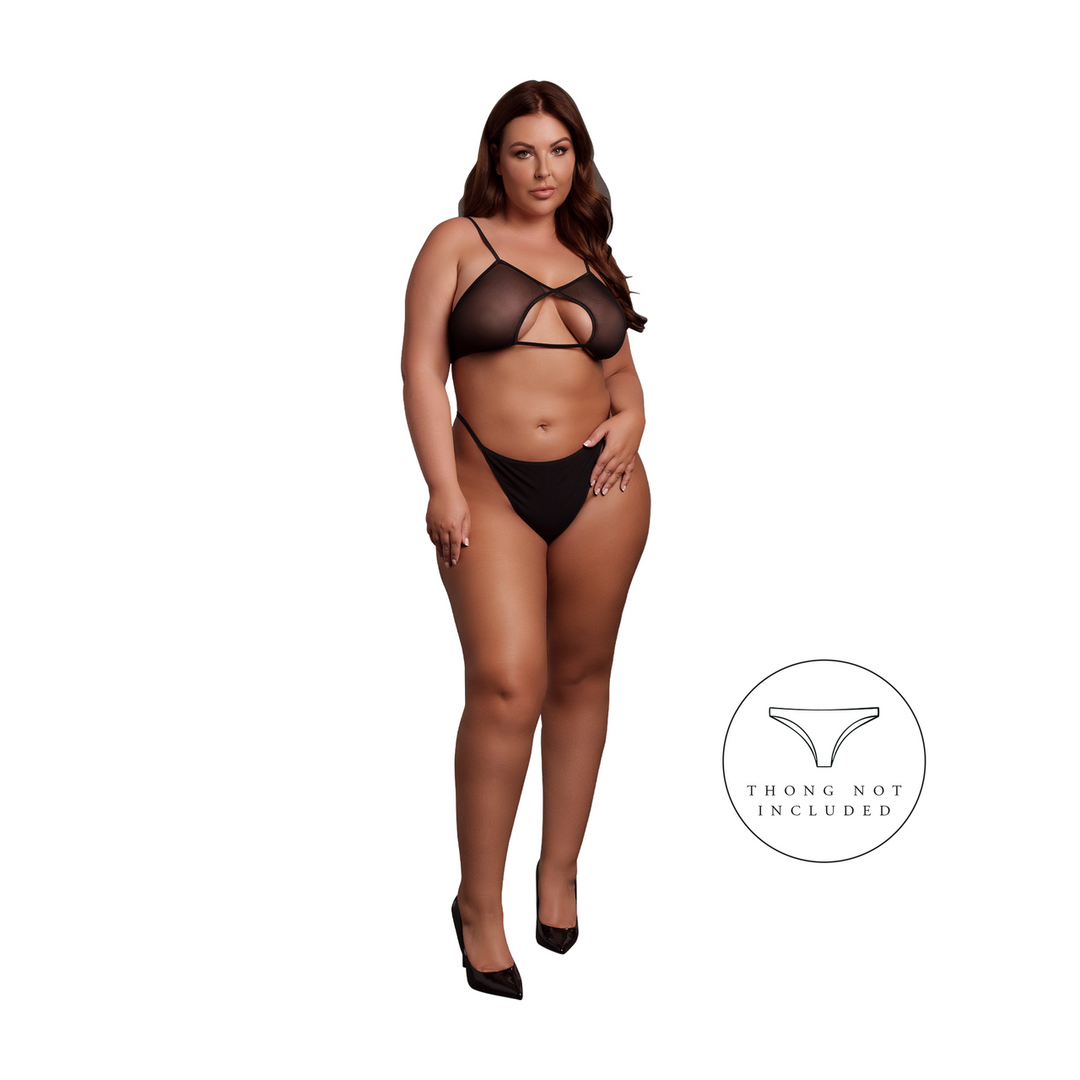 Keyhole Mesh Bra with Double Back Straps and Adjustable Sliders - Plus Size - Black