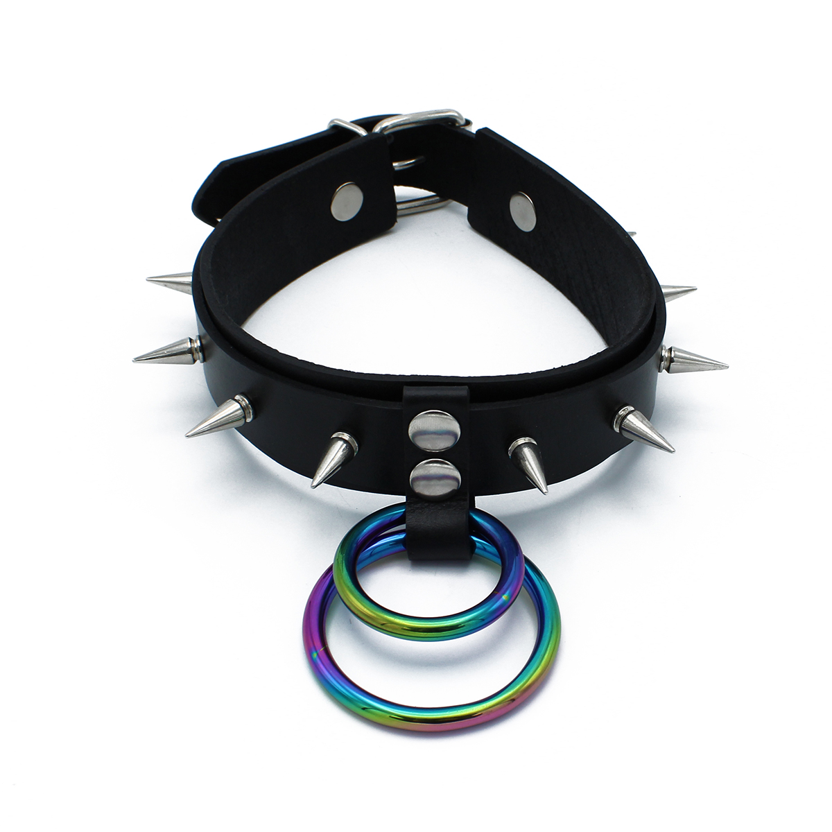 Kiotos Leather Black Leather Spiked Collar Double Rainbow O-Ring
