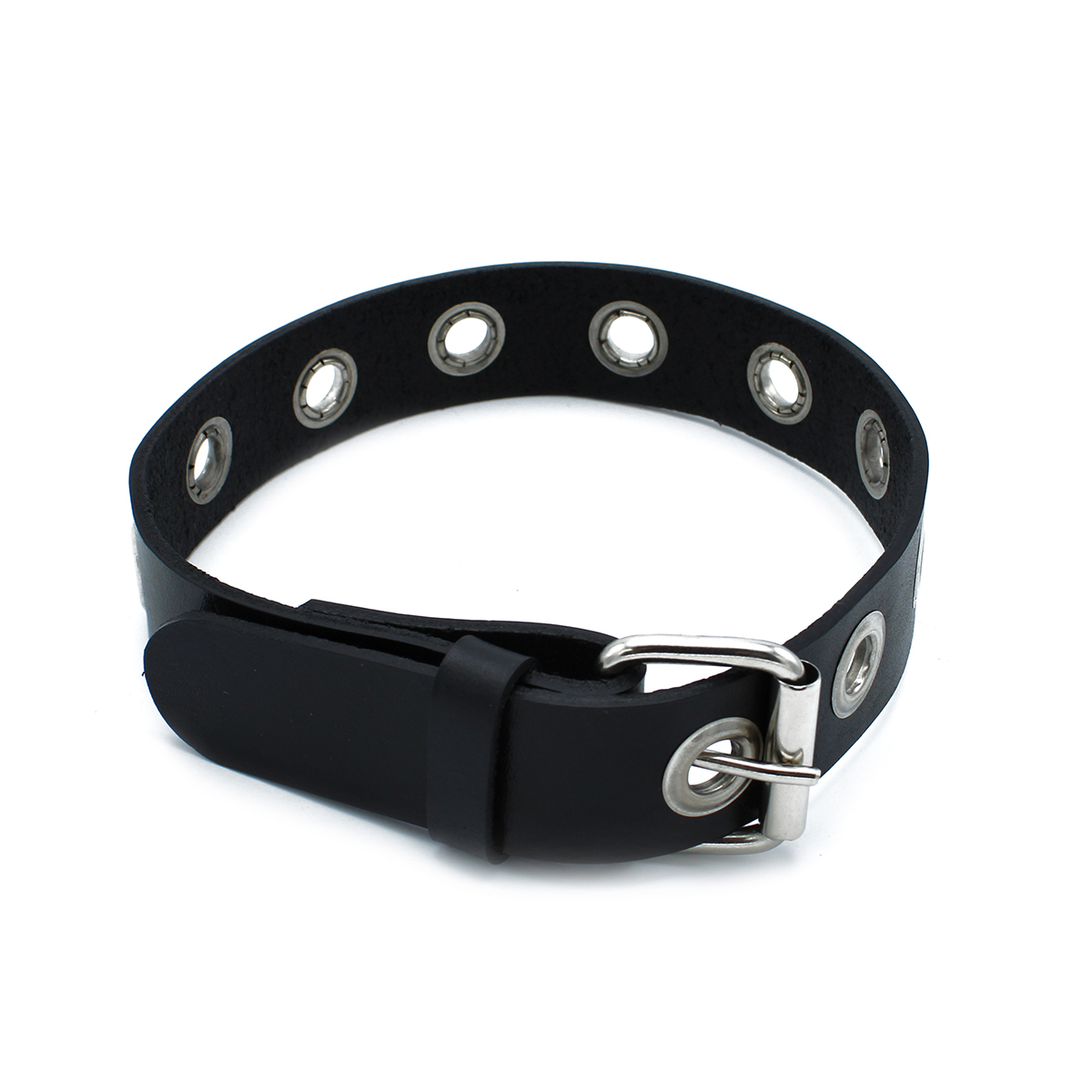 Kiotos Leather Black Leather Slim Collar with Multi-Metal Eyelets